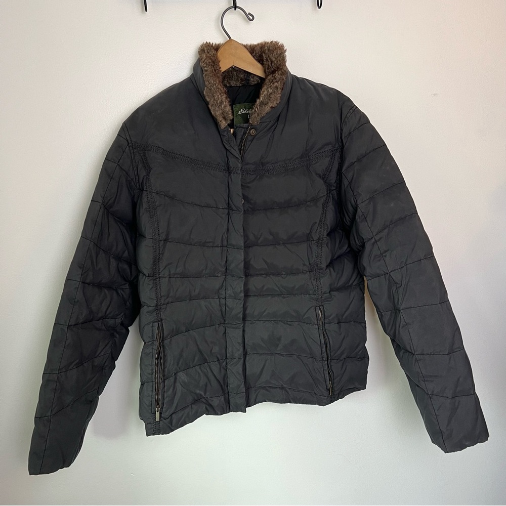 Woman’s Black Quilted Puffer Jacket Coat with Faux Fur Collar Goose‎ Down XL